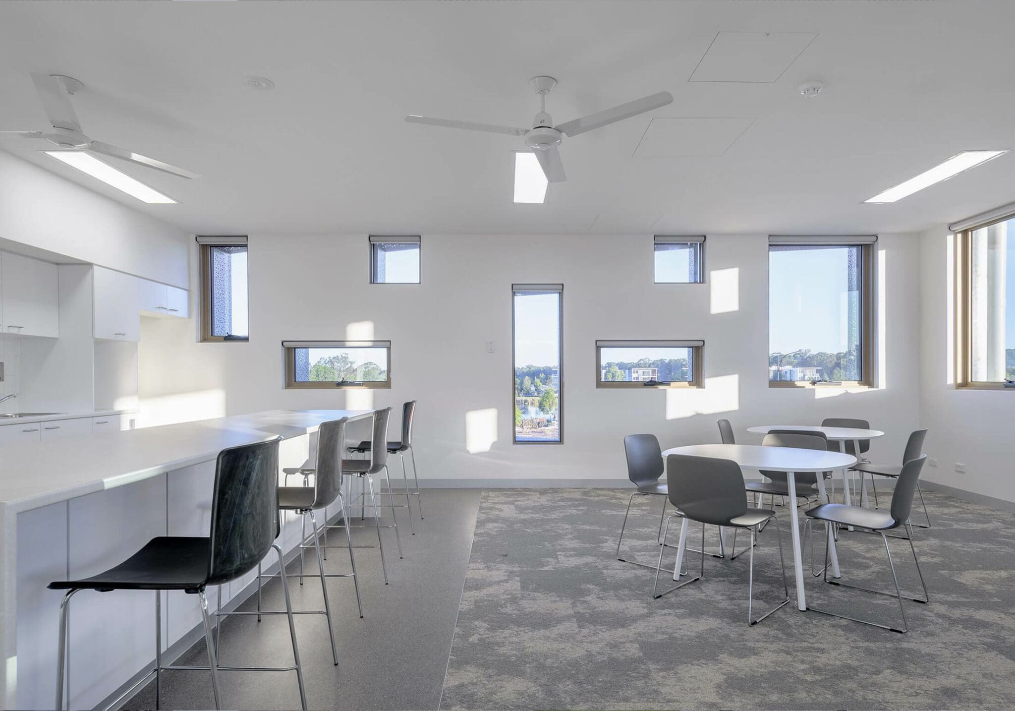 white classroom with grey chair