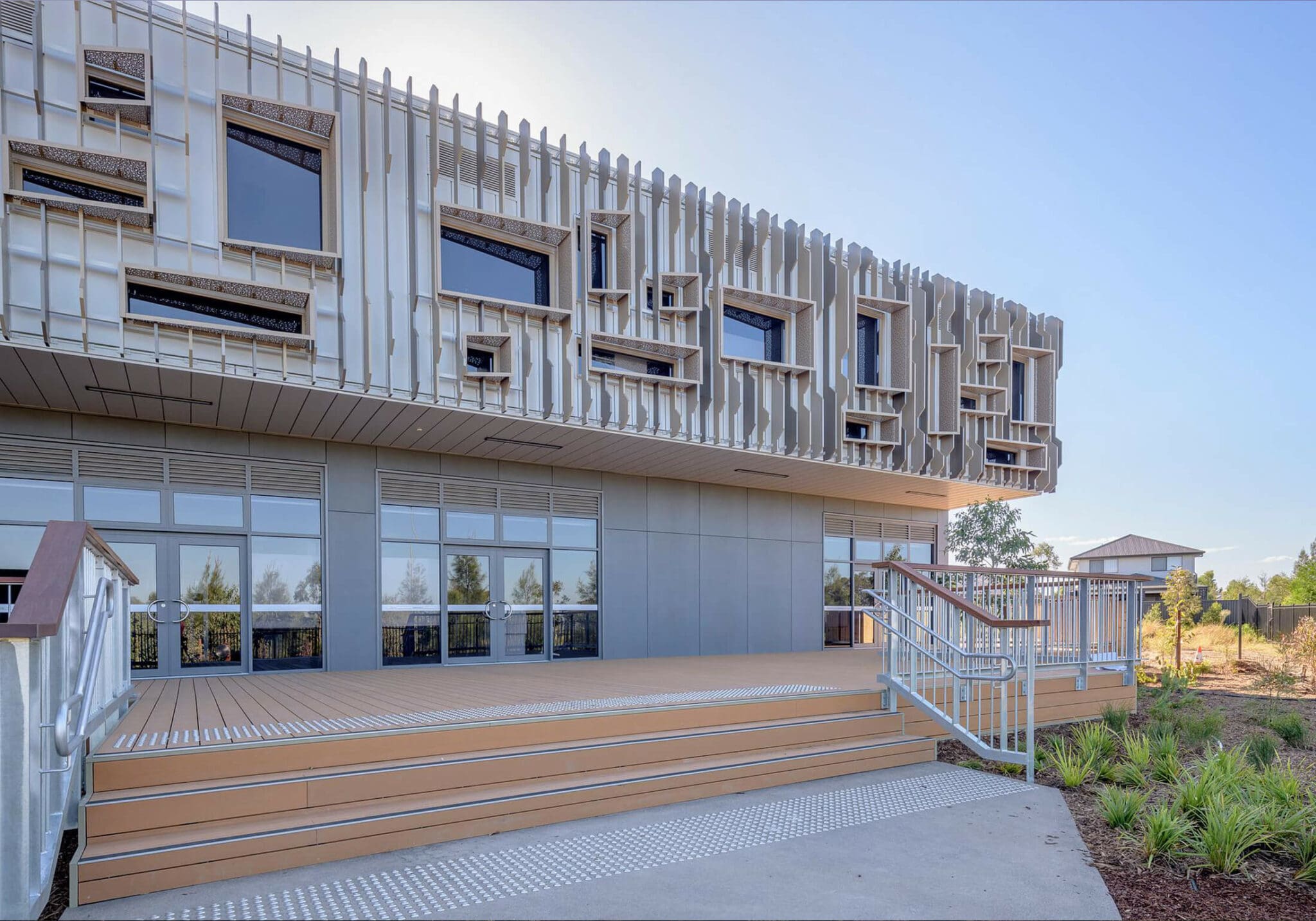 a building with stairs leading to the front