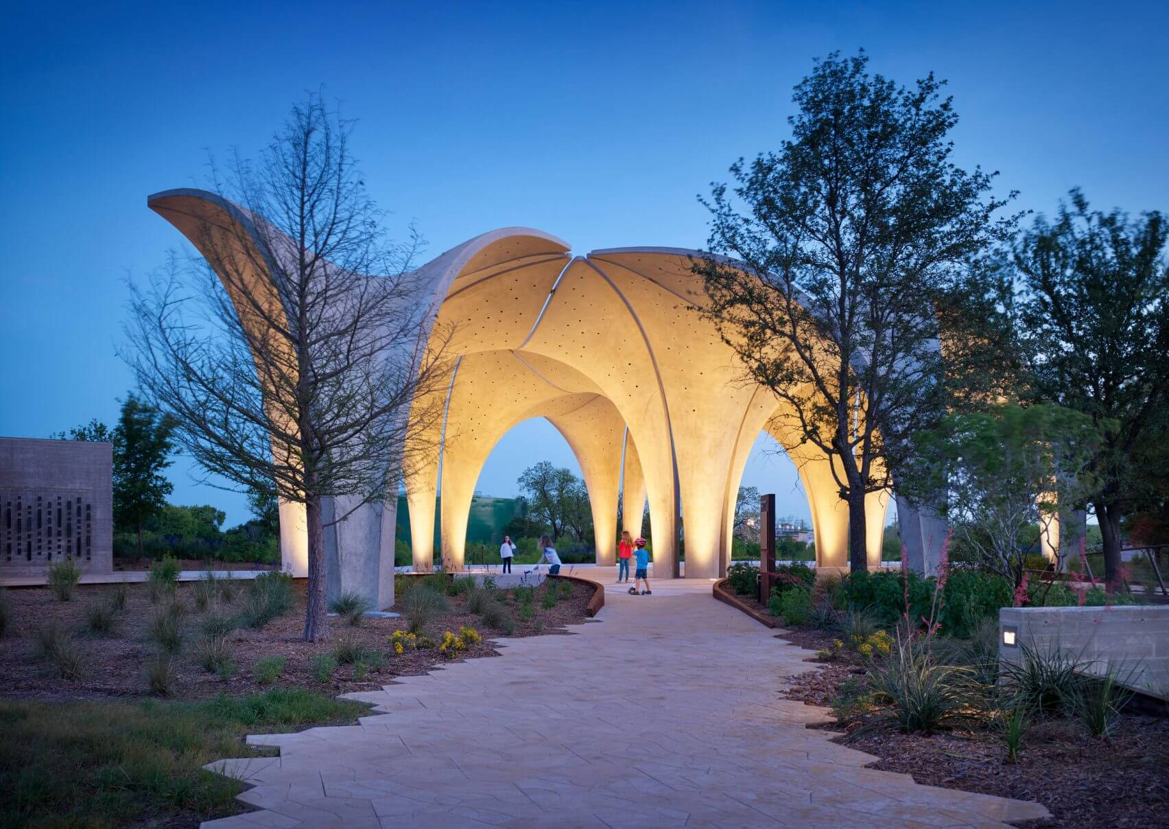 Outside sculpture with lighting at dusk