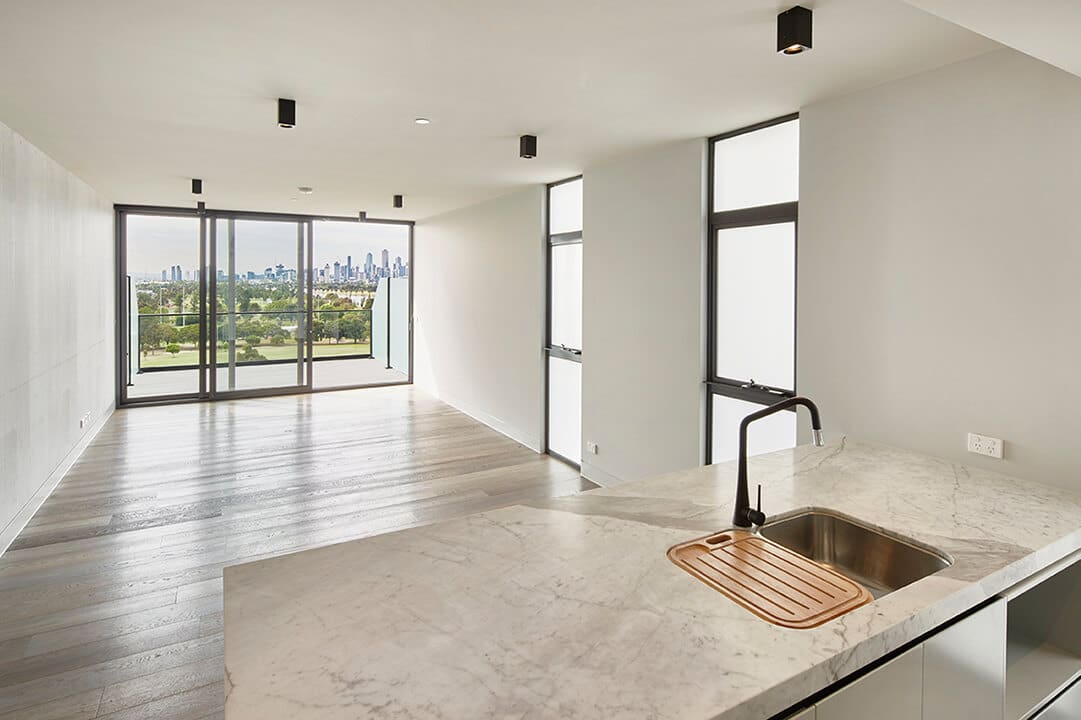 View from kitchen of modular built home looking at Albert Park